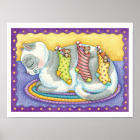 Cute Christmas Cat Sleeping with Mice in Stockings
