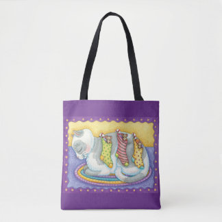 Cute Christmas Cat Sleeping with Mice in Stockings Tote Bag