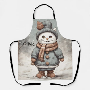 Cute Christmas Cat Snowman Watercolor Whimsical  Apron