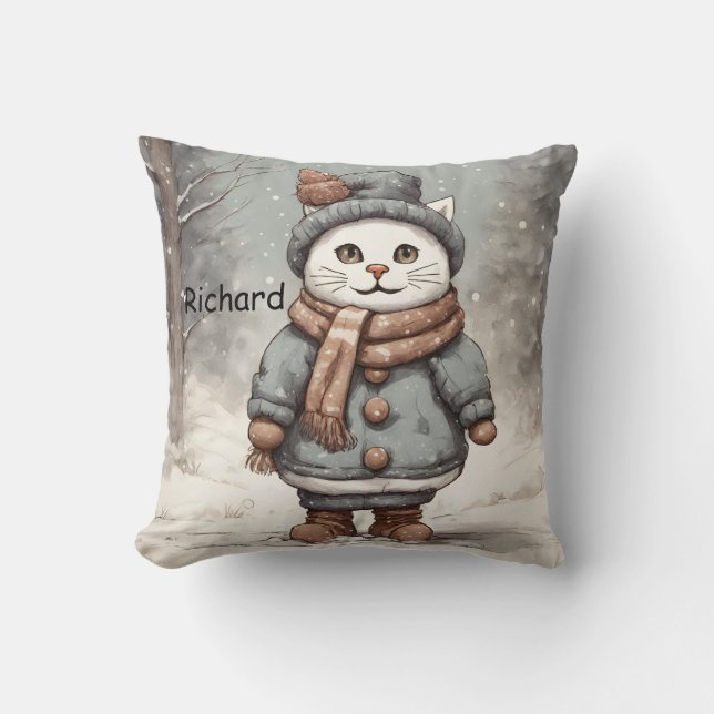 Cute Christmas Cat Snowman Watercolor Whimsical  Cushion (Front)