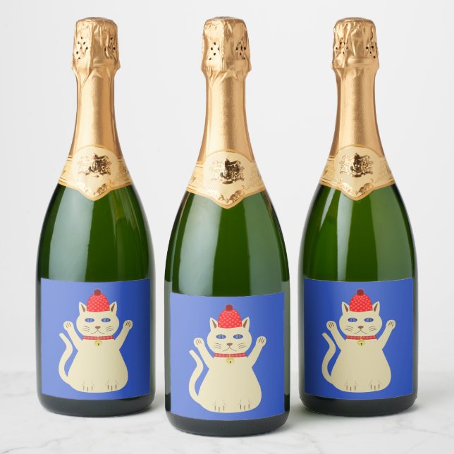 Cute Christmas Cat Sparkling Wine Label (Bottles)