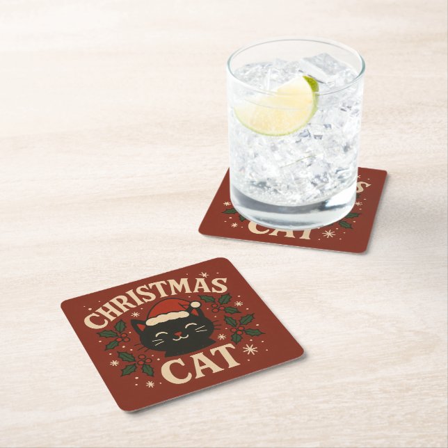 Cute Christmas cat Square Paper Coaster (Insitu)