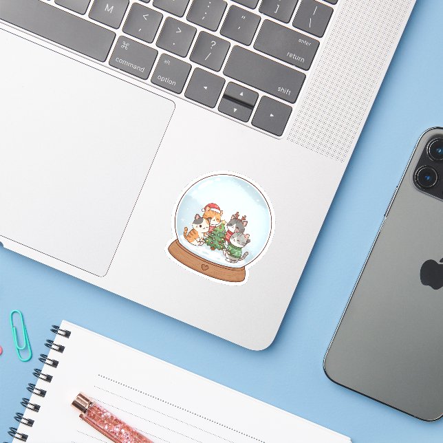 Cute Christmas Cat Sticker, Snow Globe Cat (Laptop w/ iPhone)