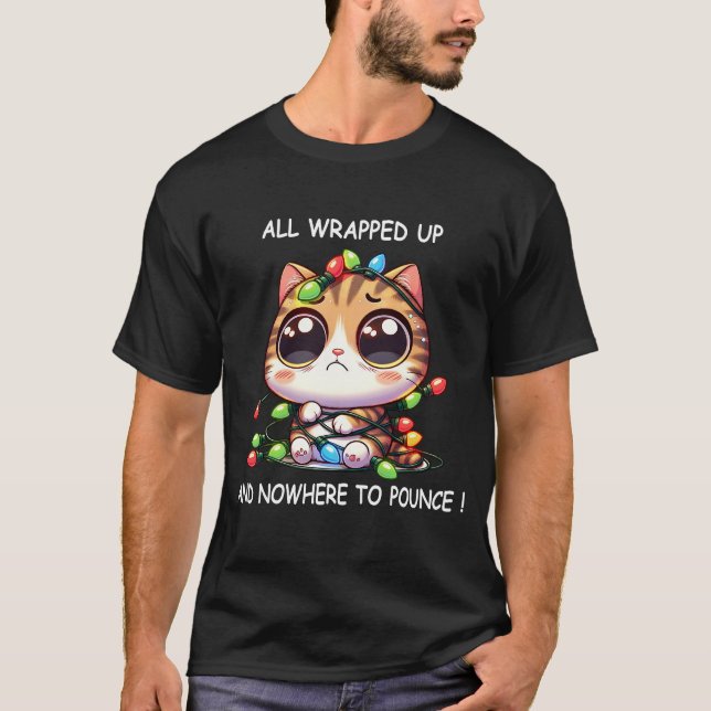 Cute Christmas Cat Tangled in Christmas Lights T-Shirt (Front)