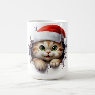 Cute Christmas cat through wall illustrated Coffee Mug