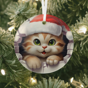 Cute Christmas cat through wall illustrated Glass Tree Decoration