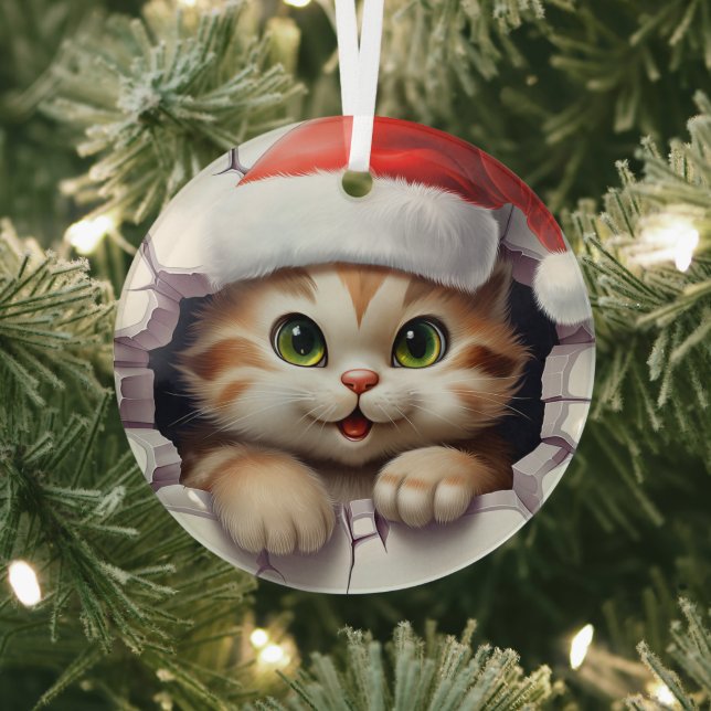 Cute Christmas cat through wall illustrated Glass Tree Decoration (Insitu)
