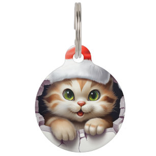 Cute Christmas cat through wall illustrated Pet Tag