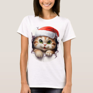 Cute Christmas cat through wall illustrated T-Shirt