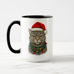 Cute Christmas Cat Wearing Santa Hat and Holiday Mug