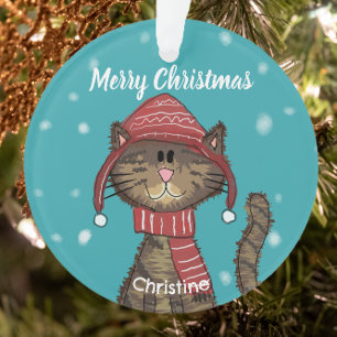 Cute Christmas Cat with Hat Holiday Custom  Ornament