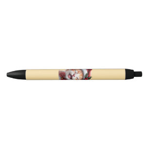 Cute Christmas Cat with Santa Hat and Bow Tie Black Ink Pen