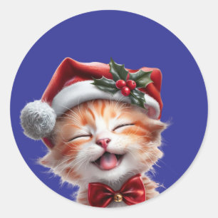 Cute Christmas Cat with Santa Hat and Bow Tie Classic Round Sticker