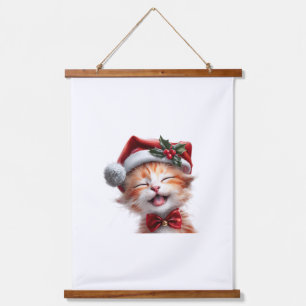 Cute Christmas Cat with Santa Hat and Bow Tie Hanging Tapestry