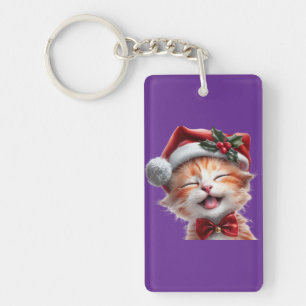 Cute Christmas Cat with Santa Hat and Bow Tie Key Ring