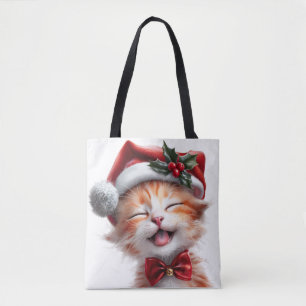 Cute Christmas Cat with Santa Hat and Bow Tie Tote Bag