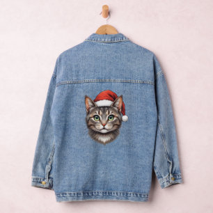 Cute Christmas Cat with Santa Hat Denim Jacket