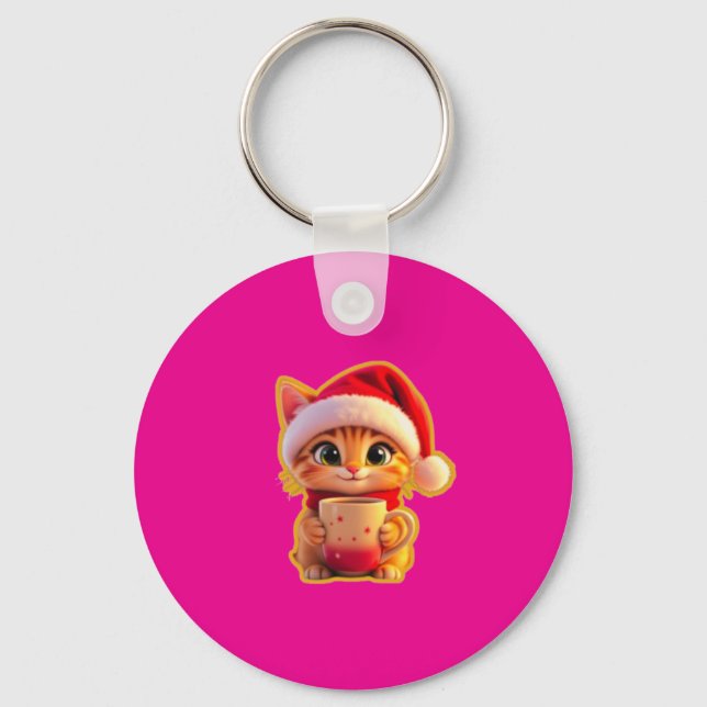 **Cute Christmas Cat with Santa Hat – Funny Holida Key Ring (Front)