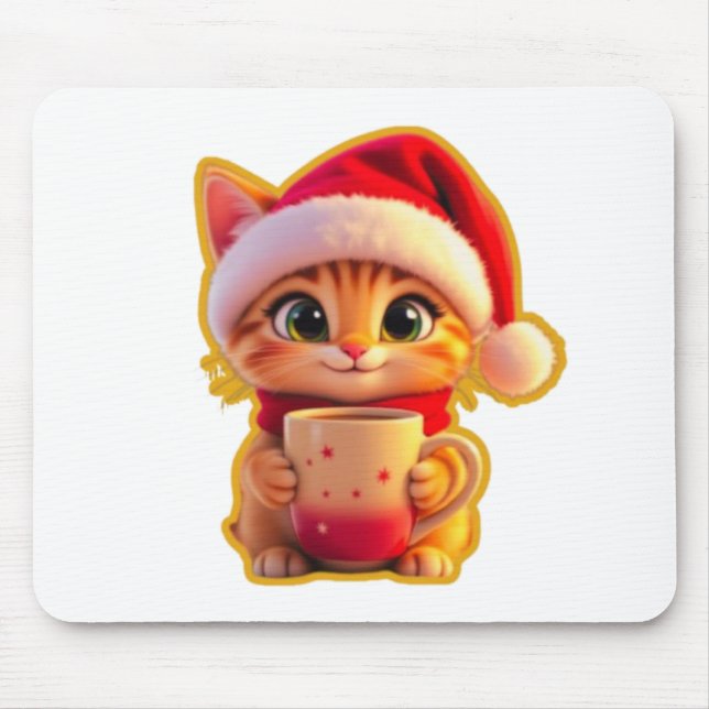 **Cute Christmas Cat with Santa Hat – Funny Holida Mouse Mat (Front)