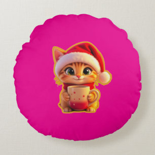 **Cute Christmas Cat with Santa Hat – Funny Holida Round Cushion