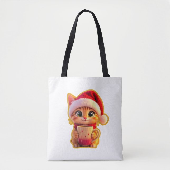 **Cute Christmas Cat with Santa Hat – Funny Holida Tote Bag (Front)
