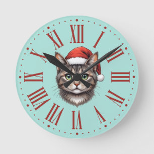 Cute Christmas Cat with Santa Hat Roman Numerals Round Clock