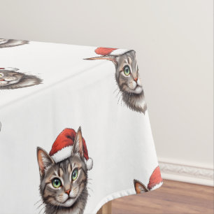 Cute Christmas Cat with Santa Hat Tablecloth