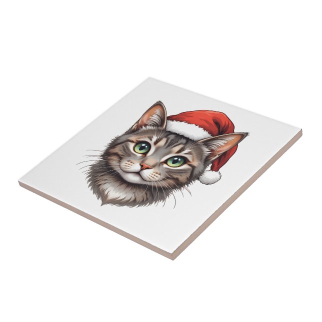 Cute Christmas Cat with Santa Hat Tile (Side)
