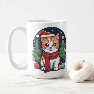 Cute Christmas Cat with Trees Festive Coffee Mug