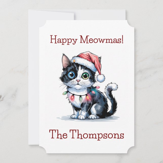 Cute Christmas Cat Wrapped In Lights Holiday Card (Front)