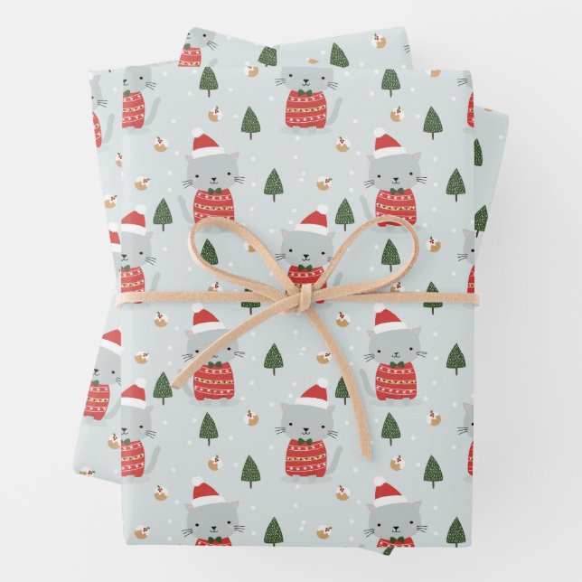 Cute Christmas Cat Wrapping Paper Sheet (In situ)