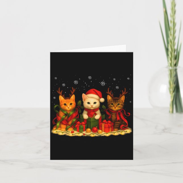 Cute Christmas Cat Xmas Lights Santa Reindeer Cat  Card (Front)