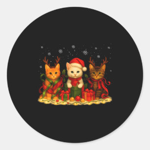 Cute Christmas Cat Xmas Lights Santa Reindeer Cat  Classic Round Sticker