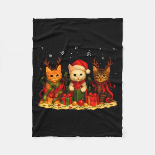 Cute Christmas Cat Xmas Lights Santa Reindeer Cat  Fleece Blanket (Front)