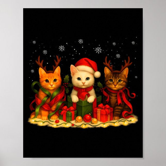 Cute Christmas Cat Xmas Lights Santa Reindeer Cat  Poster (Front)