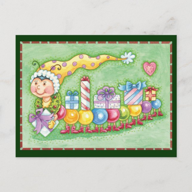 Cute Christmas Caterpillar Train with Presents Holiday Postcard (Front)
