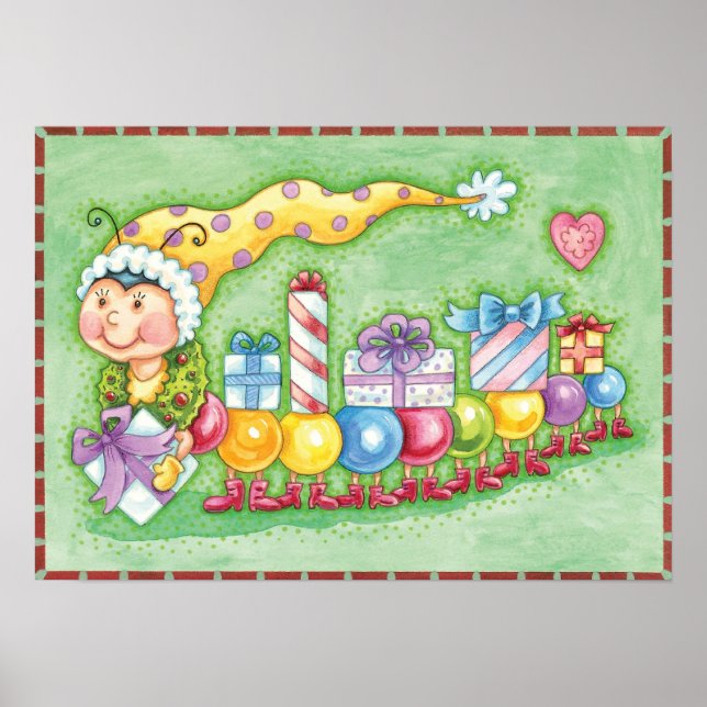 Cute Christmas Caterpillar Train with Presents Poster (Front)