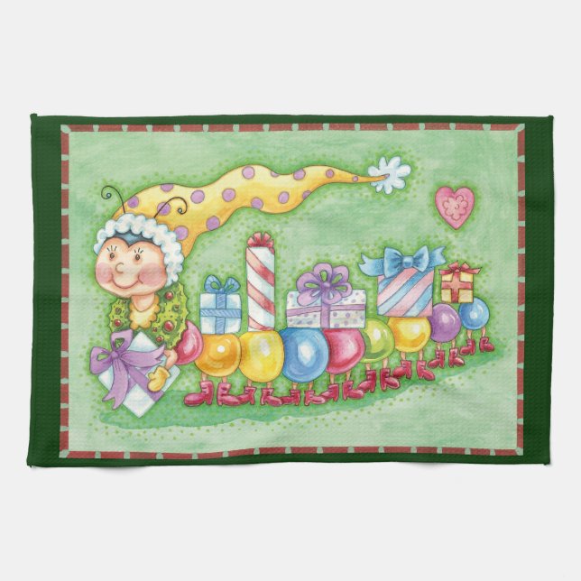 Cute Christmas Caterpillar Train with Presents Tea Towel (Horizontal)