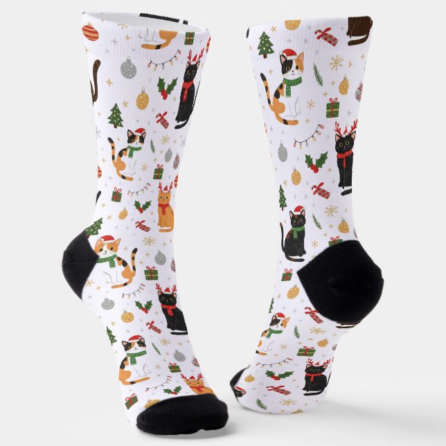 Cute Christmas Cats and Holiday Decorations  Socks (Angled)