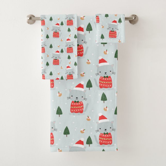 Cute Christmas Cats Bath Towel Set (Insitu)