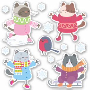 Cute Christmas Cats Bird Skate Sled Snowflakes