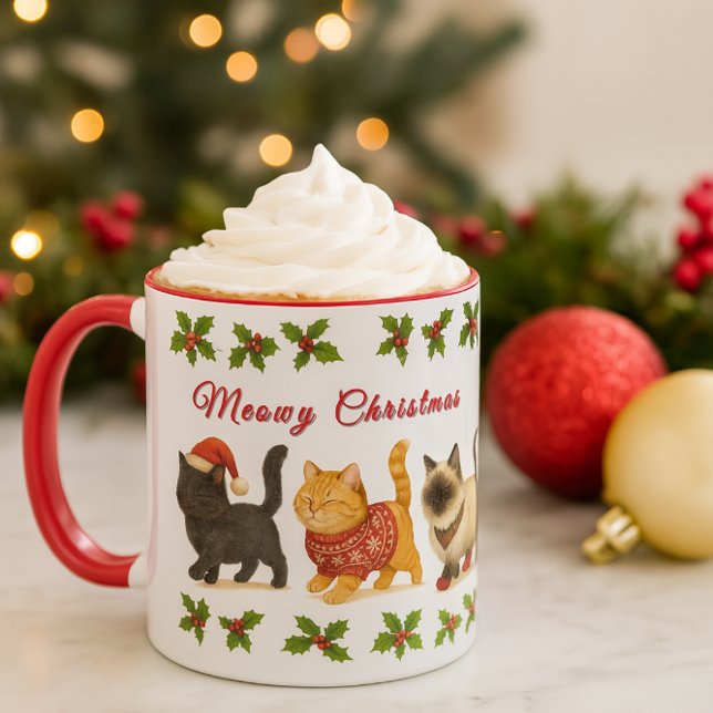 Cute Christmas Cats Holiday  Mug (Cozy Christmas cocoa: A delightful mug, ideal for cat enthusiasts.)