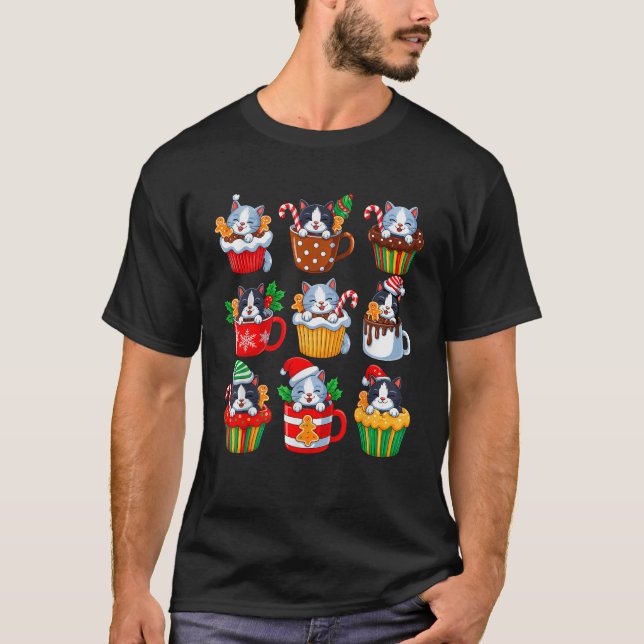 Cute Christmas Cats in Coffee Cups Kitten Santa Ca T-Shirt (Front)