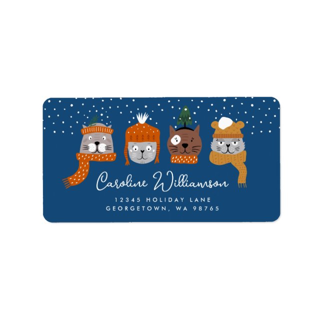 Cute Christmas Cats in Cosy Knits Blue Address Label (Front)