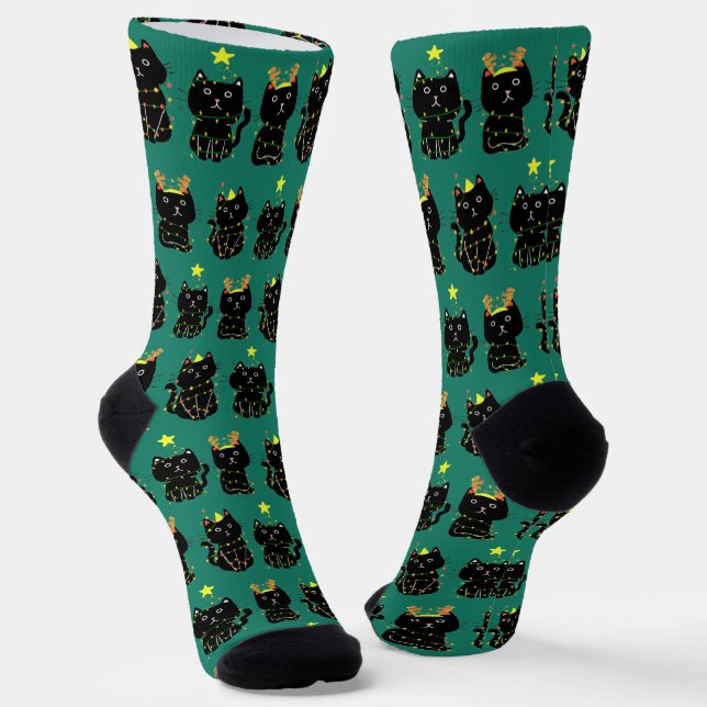 Cute Christmas Cats in Holiday Lights Funny Green Socks (Angled)