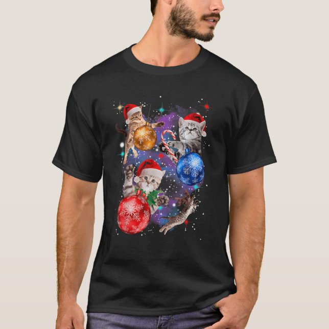 Cute Christmas Cats In Space Ornaments  T-Shirt (Front)
