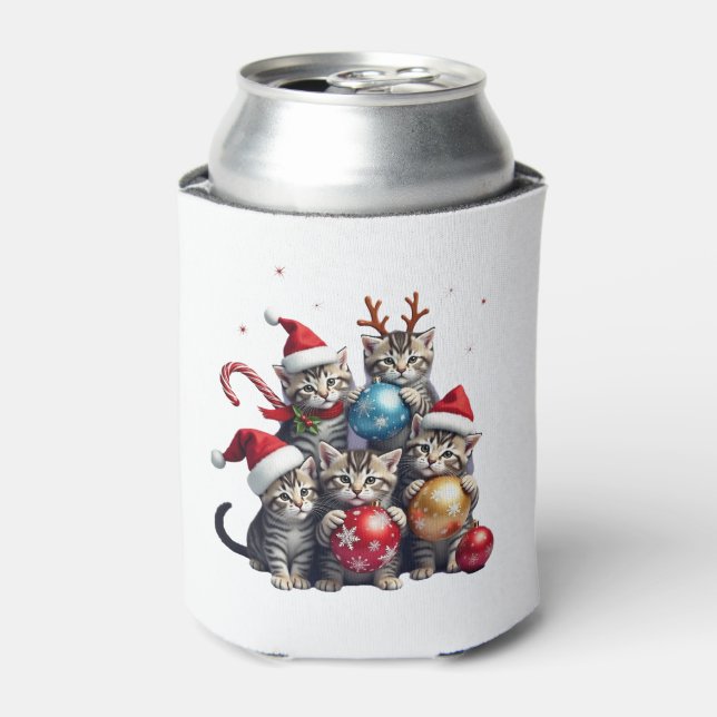 Cute Christmas Cats In Space Ornaments T-Shirt Can Cooler (Can Front)