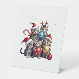 Cute Christmas Cats In Space Ornaments T-Shirt Pedestal Sign