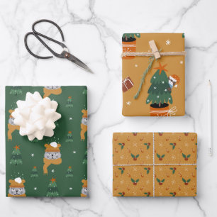 Cute Christmas Cats in Winter Knits Green & Tan Wrapping Paper Sheet