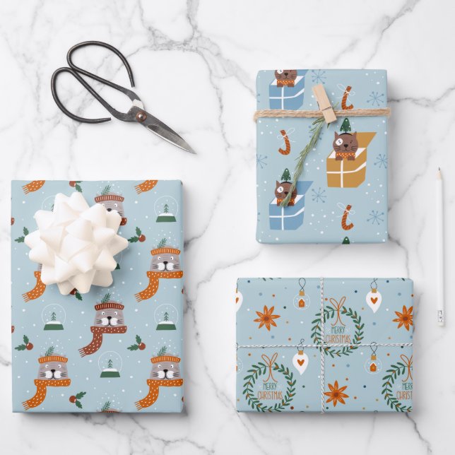 Cute Christmas Cats in Winter Knits Light Blue Wrapping Paper Sheet (Front)